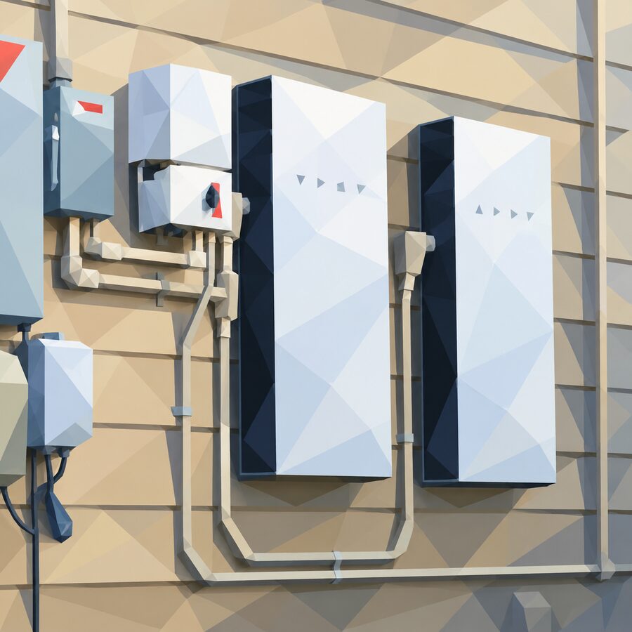 Illustration of two solar batteries and an inverter mounted on the outside wall of a house